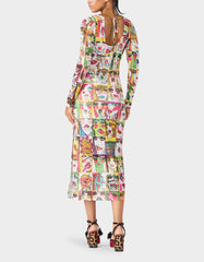 BETSEY'S PRINT SHEER DRESS MULTI Women's Long-Sleeved Mesh Sheer Midi Dress