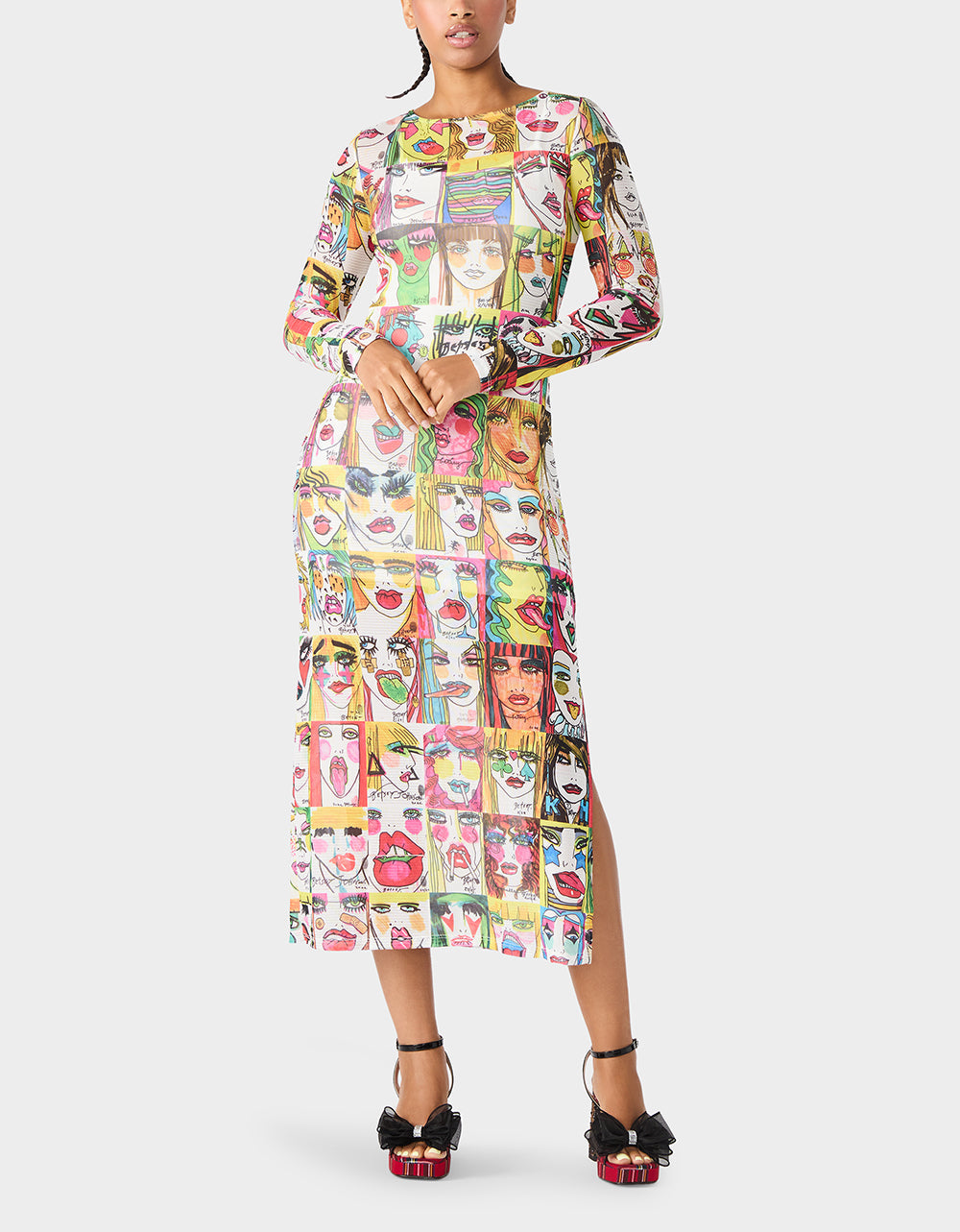 BETSEY'S PRINT SHEER DRESS MULTI Women's Long-Sleeved Mesh Sheer Midi Dress