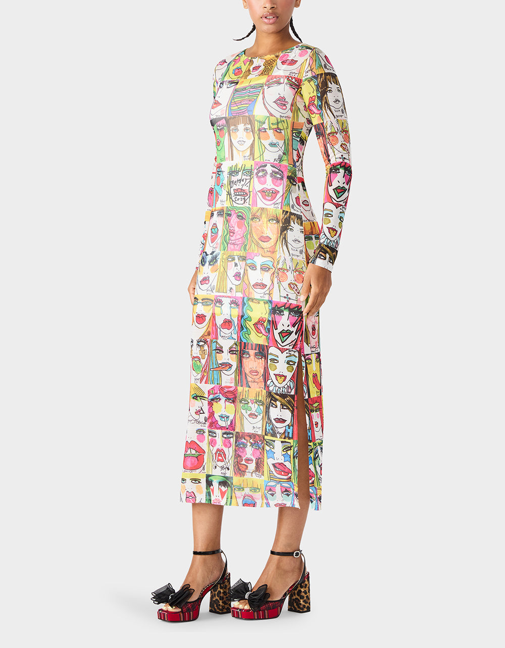 BETSEY'S PRINT SHEER DRESS MULTI Women's Long-Sleeved Mesh Sheer Midi Dress
