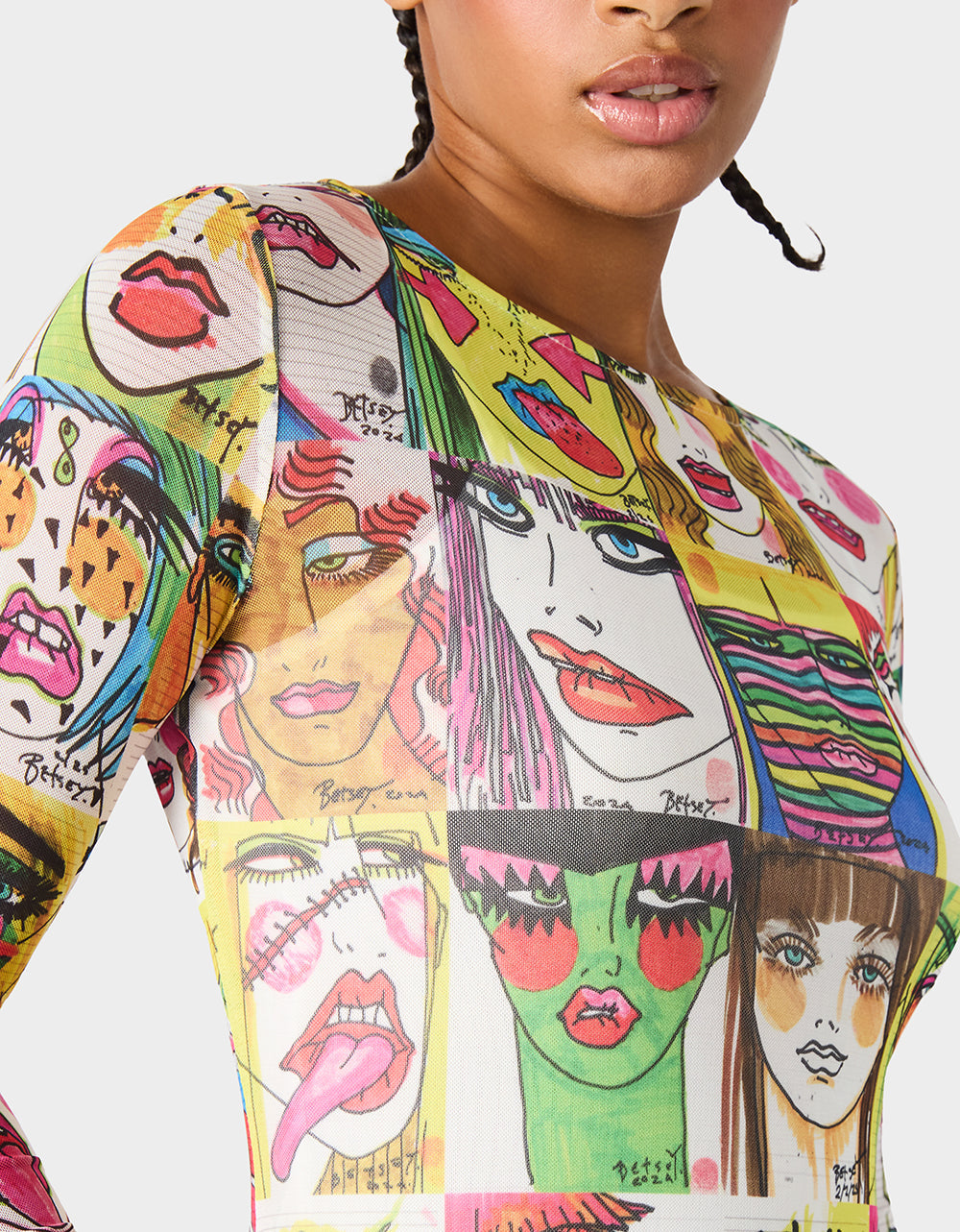 BETSEY'S PRINT SHEER DRESS MULTI Women's Long-Sleeved Mesh Sheer Midi Dress