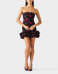 ROSIE POSIE DRESS BLACK Women's Strapless Floral Rose Print Mini Dress