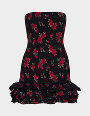 ROSIE POSIE DRESS BLACK Women's Strapless Floral Rose Print Mini Dress