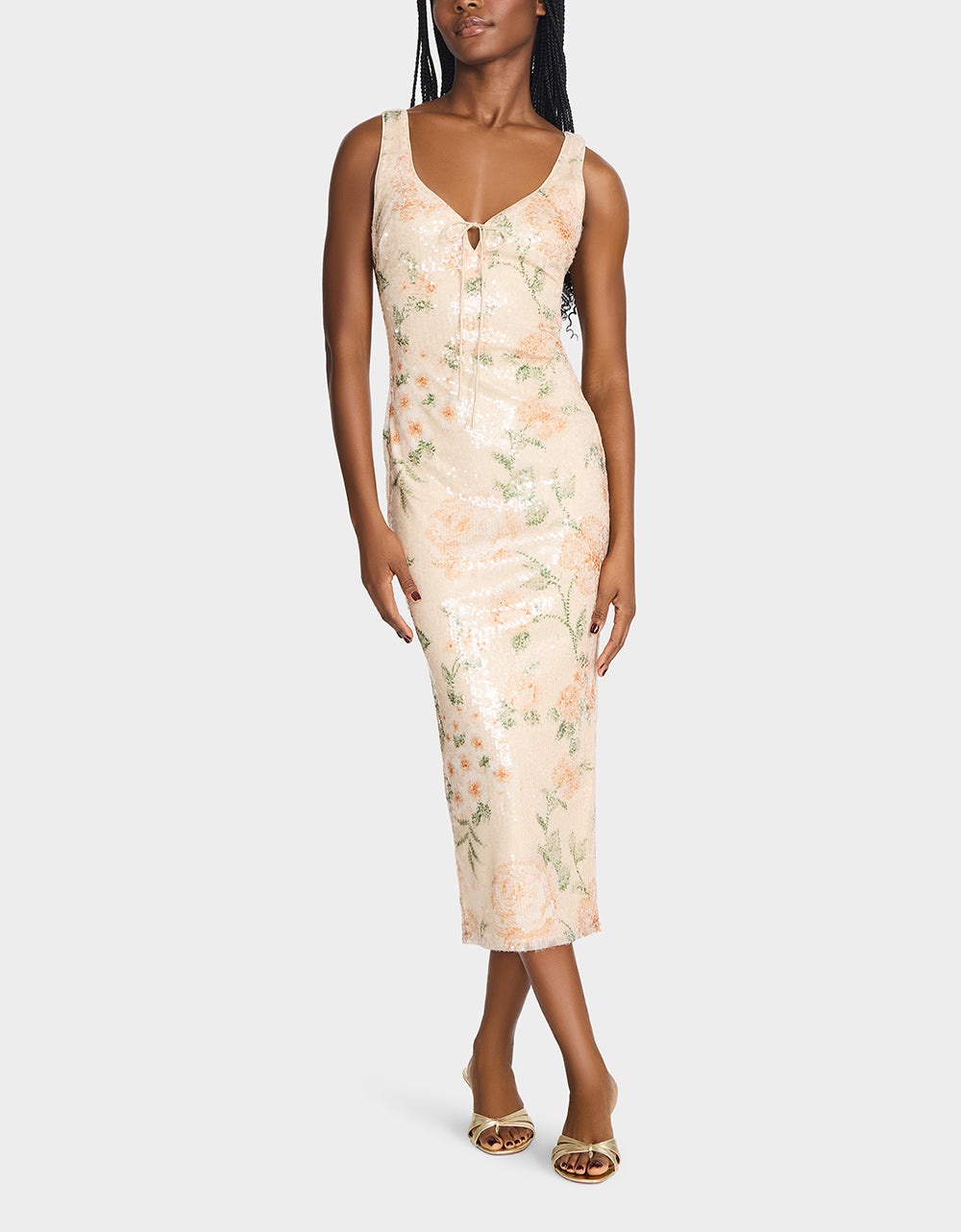 APRICOT HAZE DRESS BLURRY FLORAL Women's Midi Sequin Floral Dress