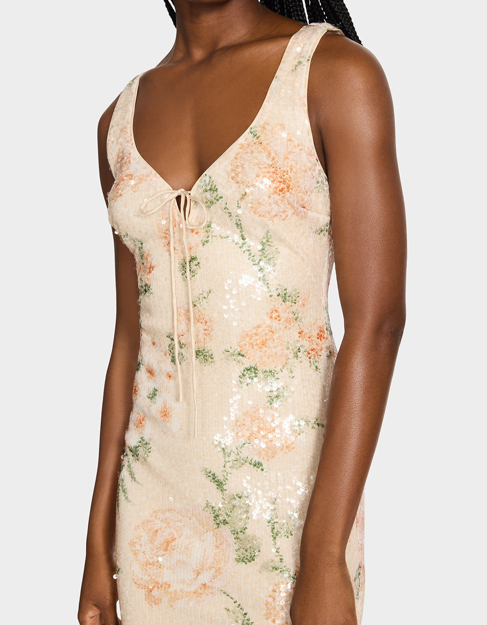 APRICOT HAZE DRESS BLURRY FLORAL Women's Midi Sequin Floral Dress