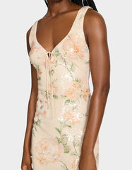 APRICOT HAZE DRESS BLURRY FLORAL Women's Midi Sequin Floral Dress