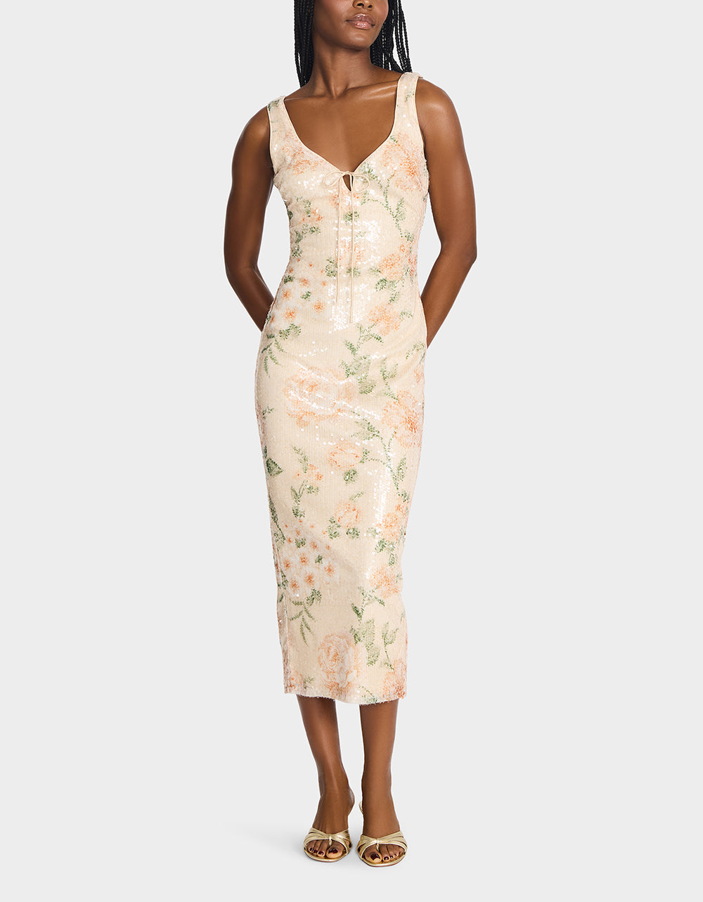 APRICOT HAZE DRESS BLURRY FLORAL Women's Midi Sequin Floral Dress