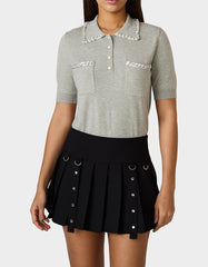 POLISHED IN PEARLS POLO HEATHER GREY Women's Grey Pearl Embellished Short Sleeve Polo Shirt
