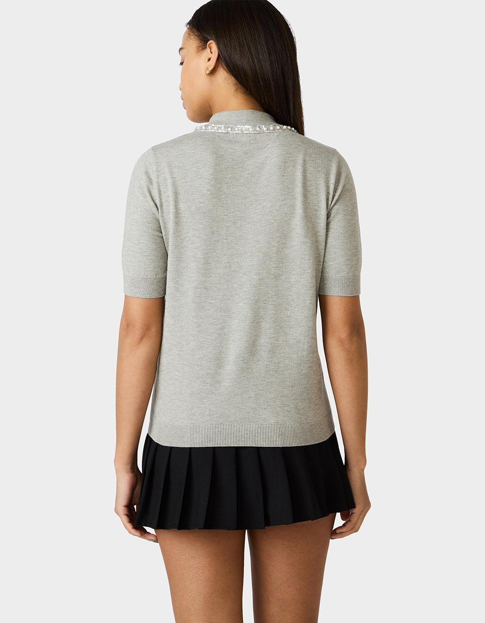 POLISHED IN PEARLS POLO HEATHER GREY Women's Grey Pearl Embellished Short Sleeve Polo Shirt