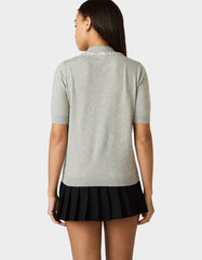 POLISHED IN PEARLS POLO HEATHER GREY Women's Grey Pearl Embellished Short Sleeve Polo Shirt