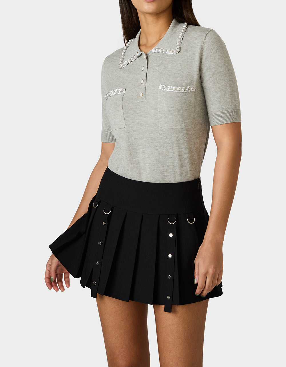 POLISHED IN PEARLS POLO HEATHER GREY Women's Grey Pearl Embellished Short Sleeve Polo Shirt