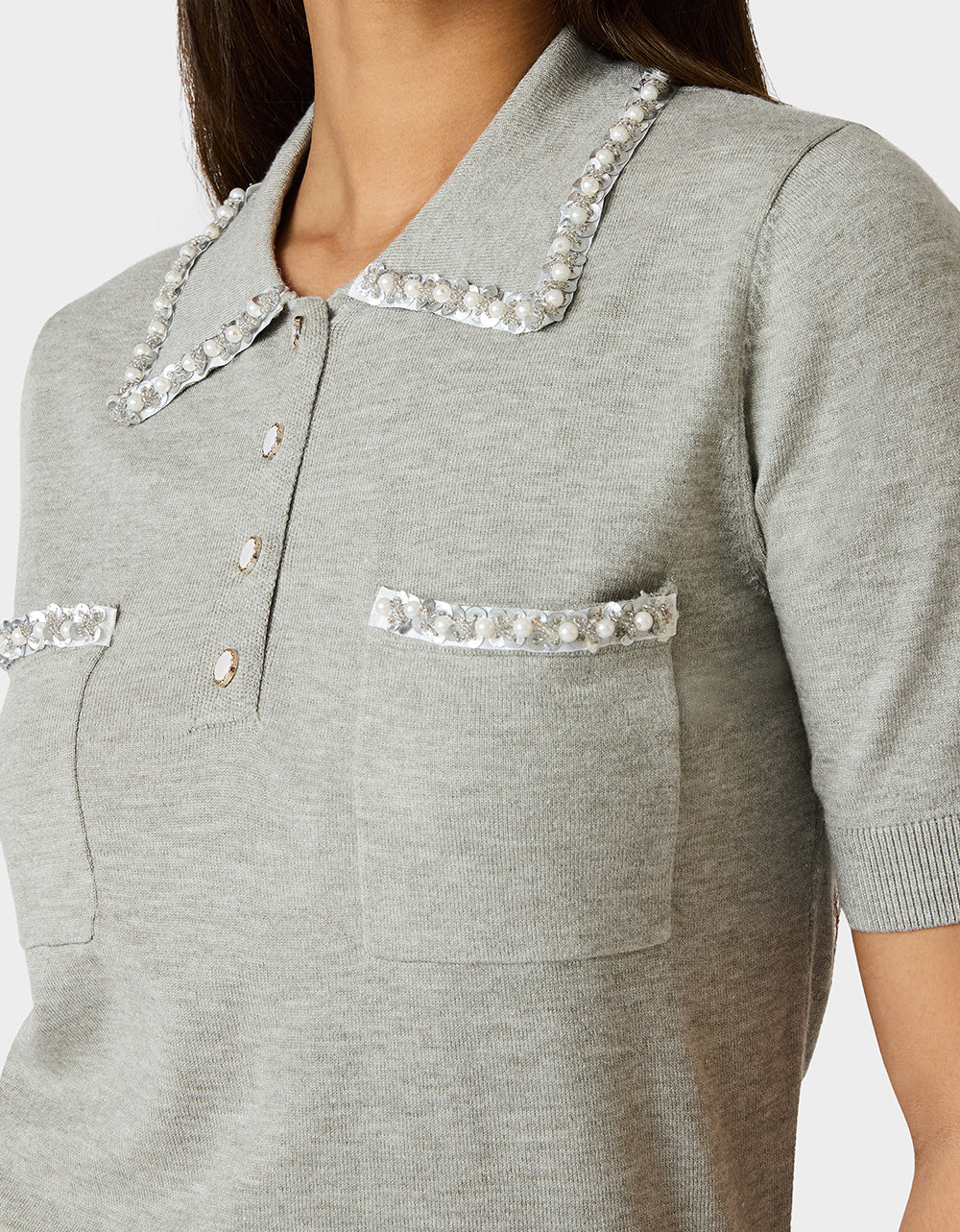 POLISHED IN PEARLS POLO HEATHER GREY Women's Grey Pearl Embellished Short Sleeve Polo Shirt