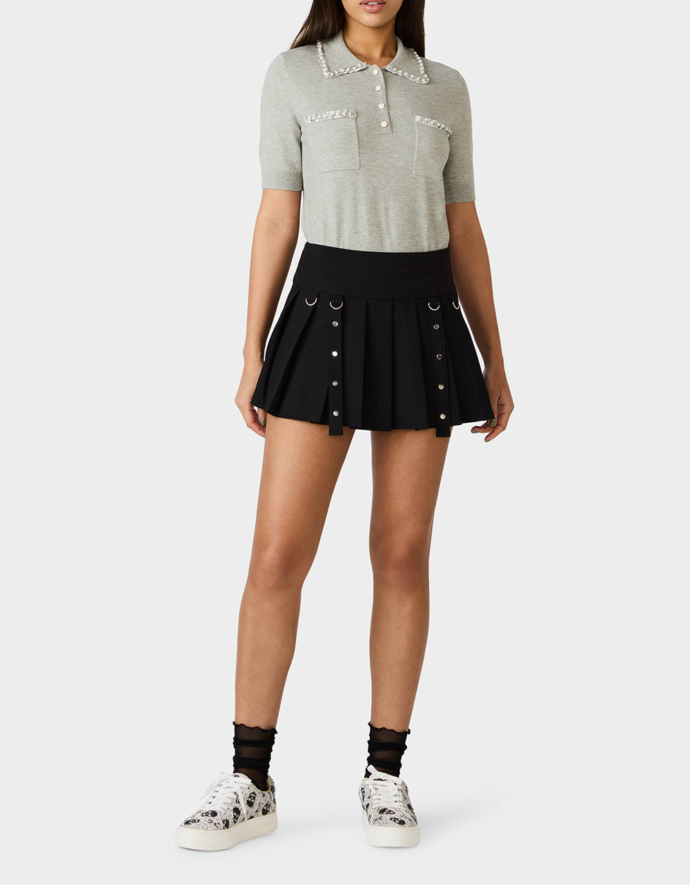 POLISHED IN PEARLS POLO HEATHER GREY Women's Grey Pearl Embellished Short Sleeve Polo Shirt