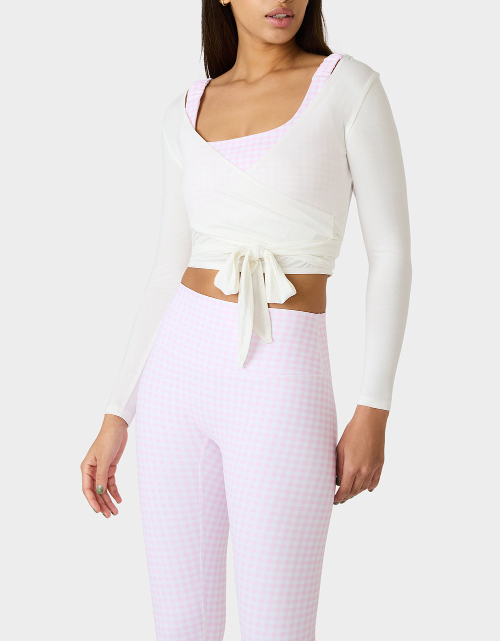 LONG SLEEVE V NECK WRAP TOP WHITE Women's White Activewear Wrap Long Sleeve Top