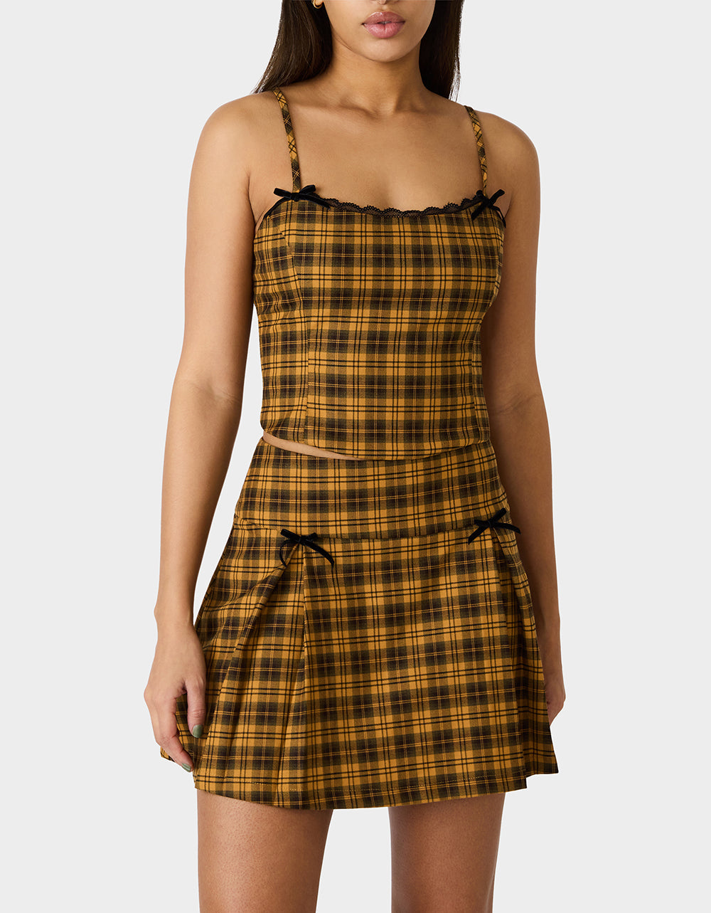 RAD PLAID TOP YELLOW PLAID Women's Yellow Plaid Cami with Lace and Bow Details