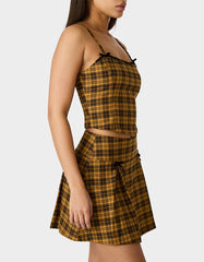 RAD PLAID TOP YELLOW PLAID Women's Yellow Plaid Cami with Lace and Bow Details