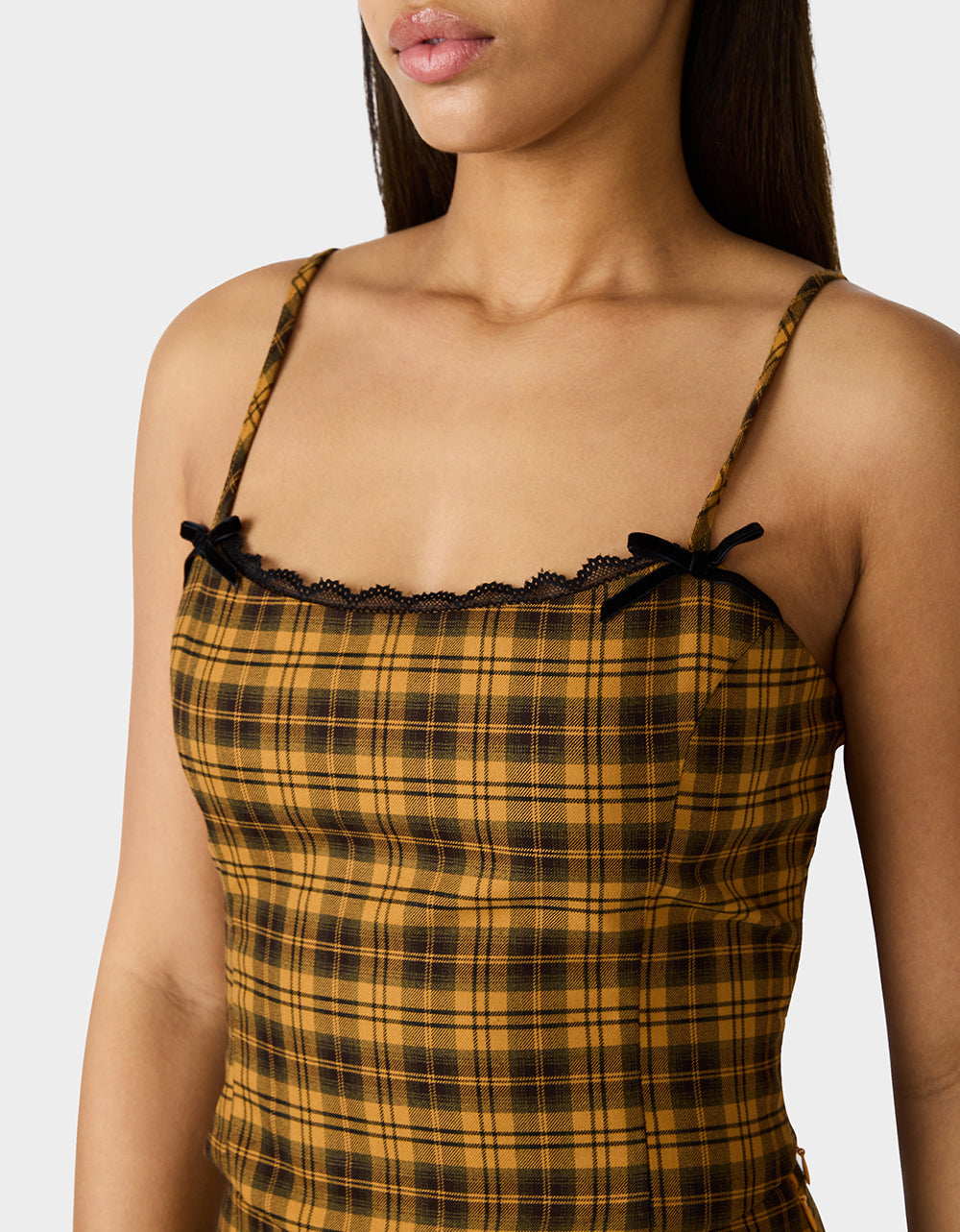 RAD PLAID TOP YELLOW PLAID Women's Yellow Plaid Cami with Lace and Bow Details
