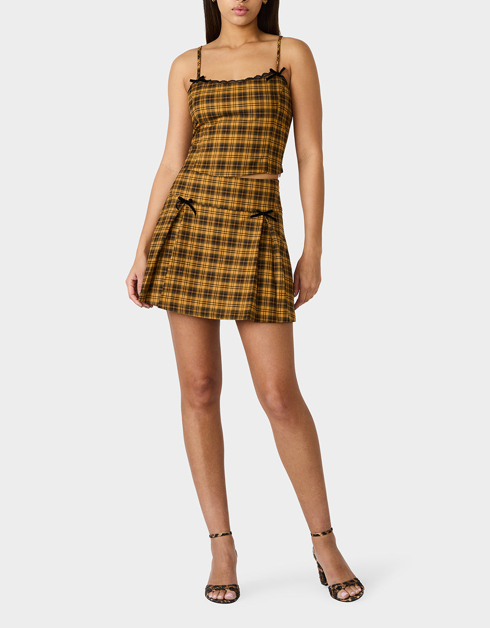 RAD PLAID TOP YELLOW PLAID Women's Yellow Plaid Cami with Lace and Bow Details
