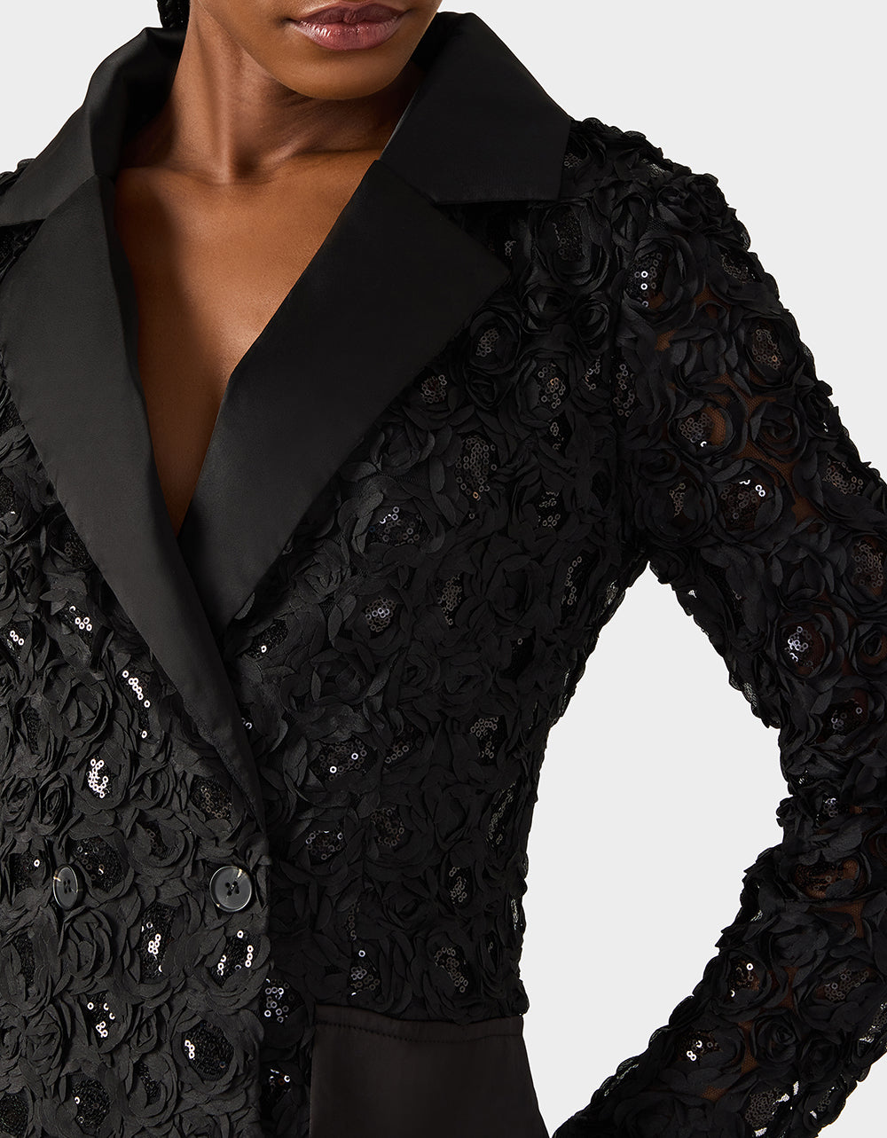 ROSETTE BLAZER DRESS BLACK Women's Black Blazer Dress with Rose Sequin Details