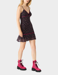 ROSEBUD SLIP DRESS BLACK Women's Floral Print Mini Slip Dress