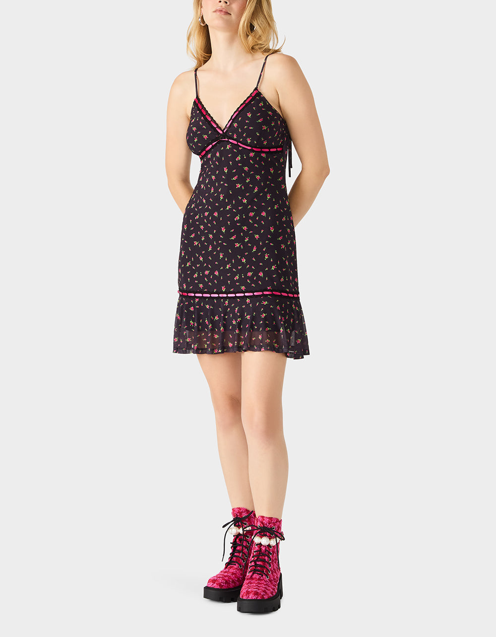 ROSEBUD SLIP DRESS BLACK Women's Floral Print Mini Slip Dress