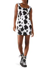 BETSEY COW PRINT DRESS BLACK/WHITE Women's Mini Tank Square-Neck Dress