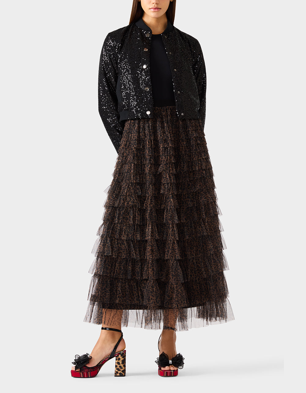 RUFFLED MAXI SKIRT LEOAPRD Women's Tiered Tulle Leopard Maxi Skirt