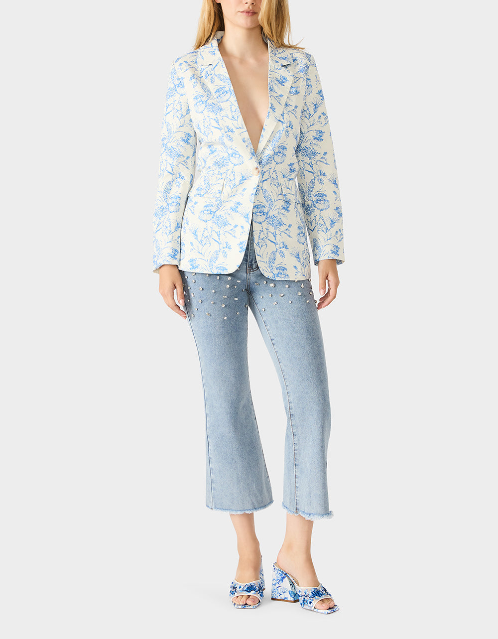 BOYFRIEND BLUE FLORAL BLAZER BLUE Women's Long-Sleeved Floral Print Blazer Jacket