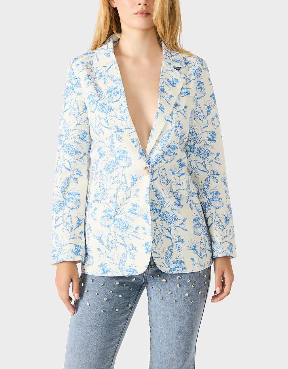 BOYFRIEND BLUE FLORAL BLAZER BLUE Women's Long-Sleeved Floral Print Blazer Jacket