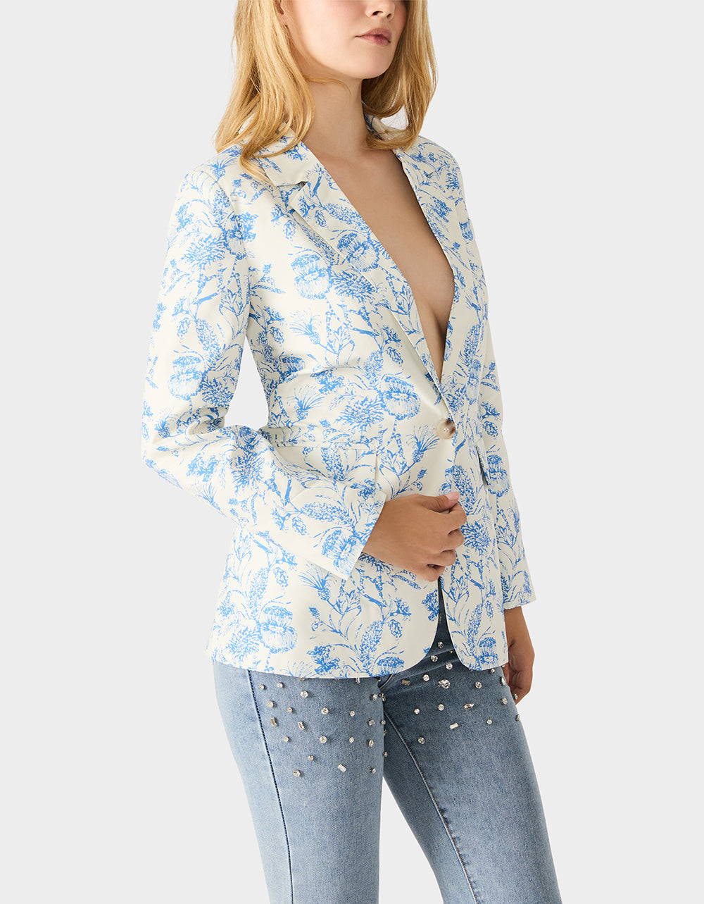 BOYFRIEND BLUE FLORAL BLAZER BLUE Women's Long-Sleeved Floral Print Blazer Jacket