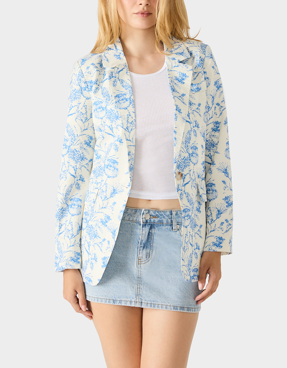 BOYFRIEND BLUE FLORAL BLAZER BLUE Women's Long-Sleeved Floral Print Blazer Jacket