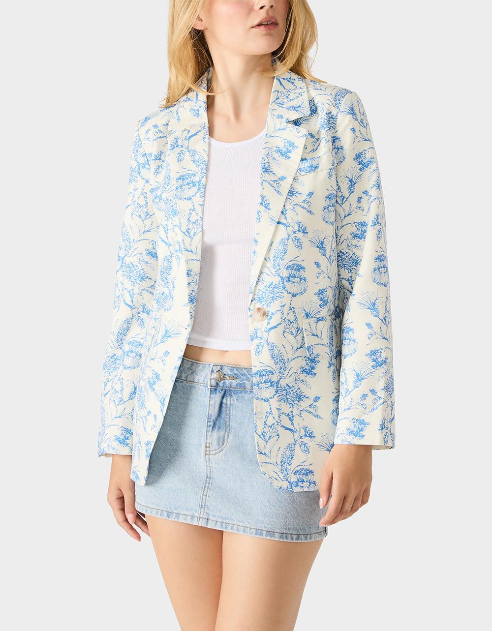 BOYFRIEND BLUE FLORAL BLAZER BLUE Women's Long-Sleeved Floral Print Blazer Jacket