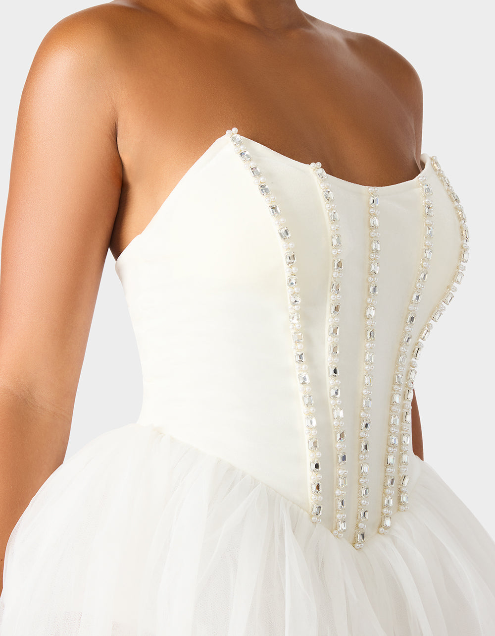 SHEER BALLERINA DRESS WHITE Women's Strapless Rhinestone Embellished Tulle Mini Dress