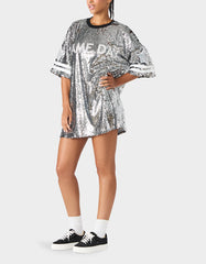 GAME DAY JERSEY SEQUIN DRESS SILVER Women's Sequin Short-Sleeved Dress
