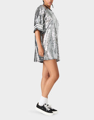 GAME DAY JERSEY SEQUIN DRESS SILVER Women's Sequin Short-Sleeved Dress