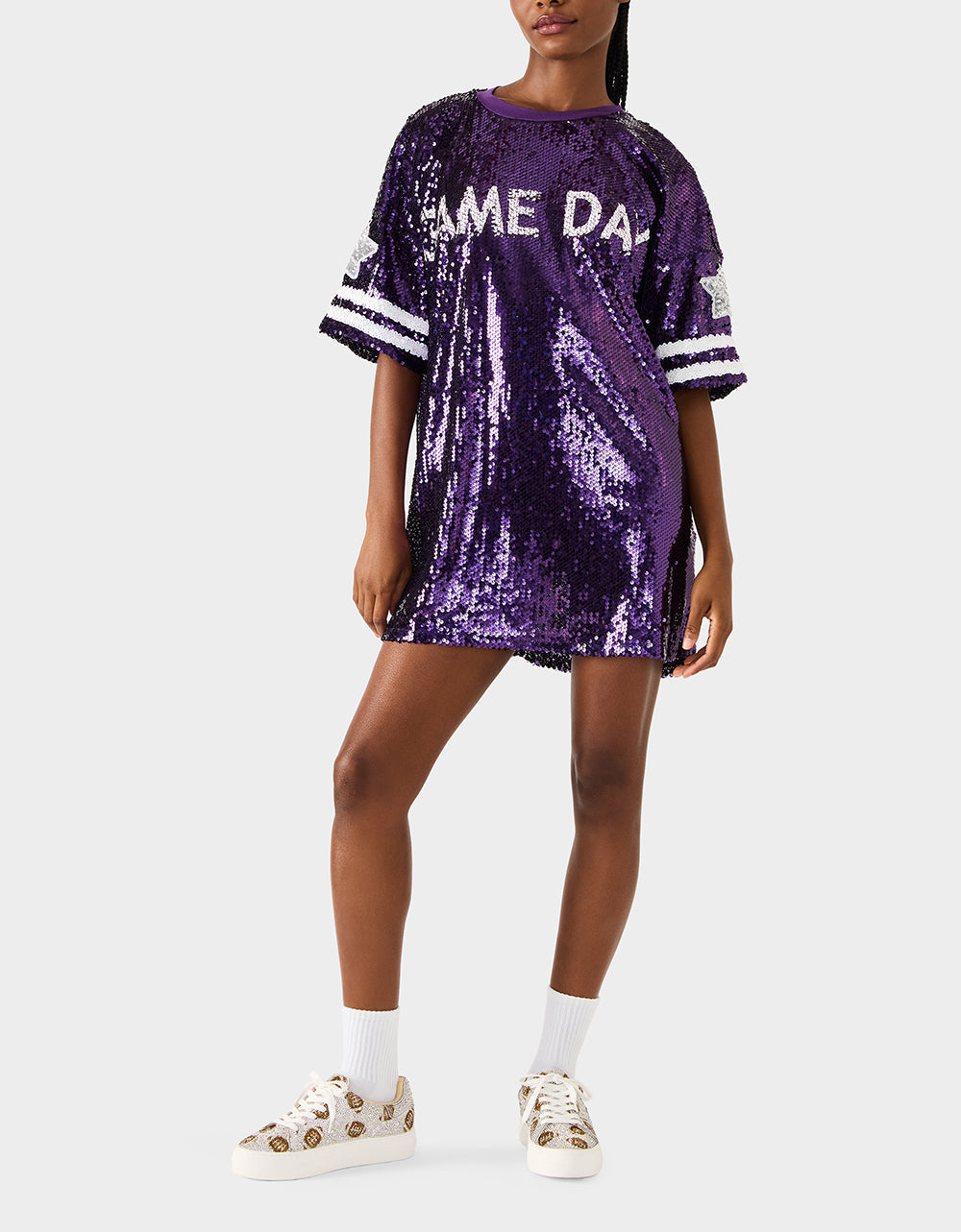 GAME DAY JERSEY SEQUIN DRESS PURPLE Women's Sequin Short-Sleeved Dress