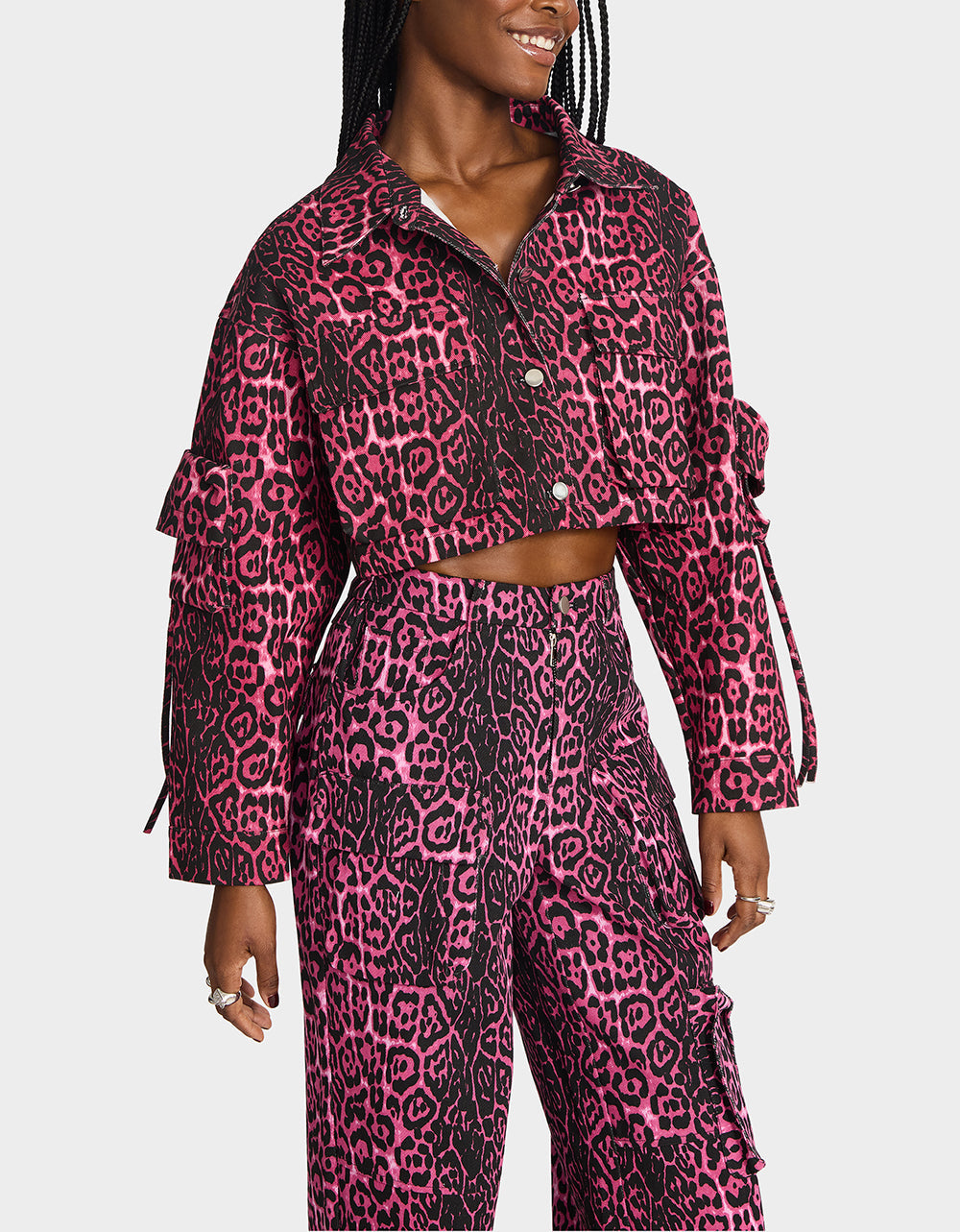 YUKI CROPPED JACKET PINK Women's Cargo Leopard Long-Sleeved Denim Jacket