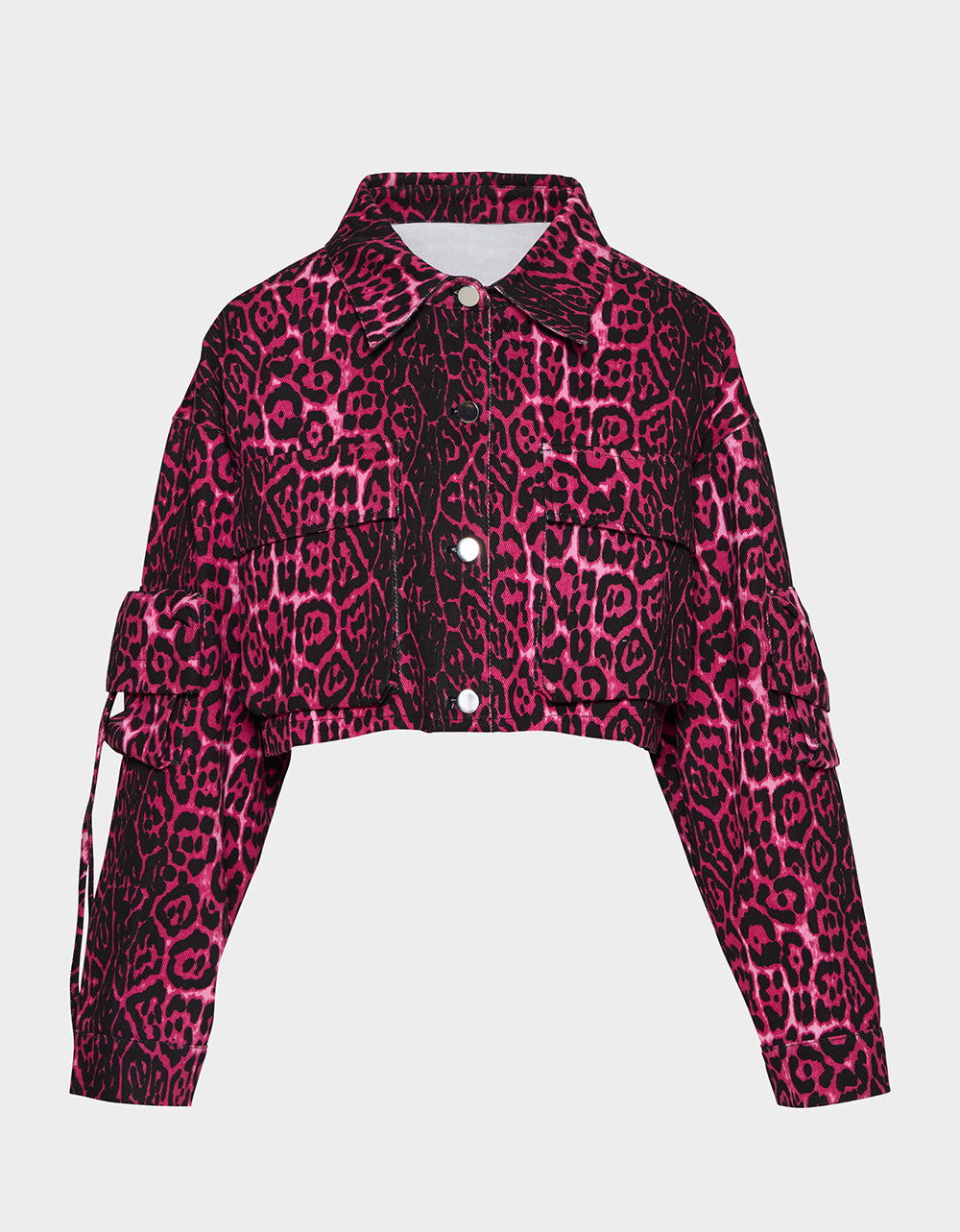 YUKI CROPPED JACKET PINK Women's Cargo Leopard Long-Sleeved Denim Jacket