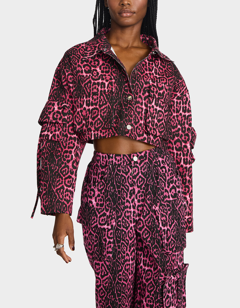 YUKI CROPPED JACKET PINK Women's Cargo Leopard Long-Sleeved Denim Jacket