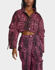 YUKI CROPPED JACKET PINK Women's Cargo Leopard Long-Sleeved Denim Jacket