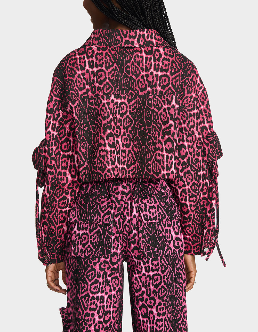 YUKI CROPPED JACKET PINK Women's Cargo Leopard Long-Sleeved Denim Jacket