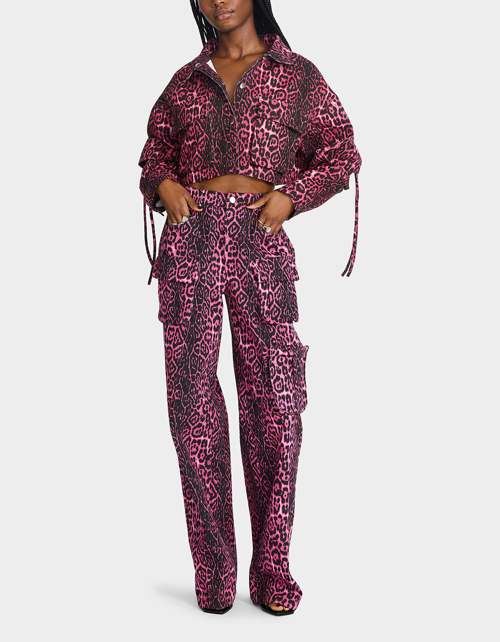 YUKI CROPPED JACKET PINK Women's Cargo Leopard Long-Sleeved Denim Jacket