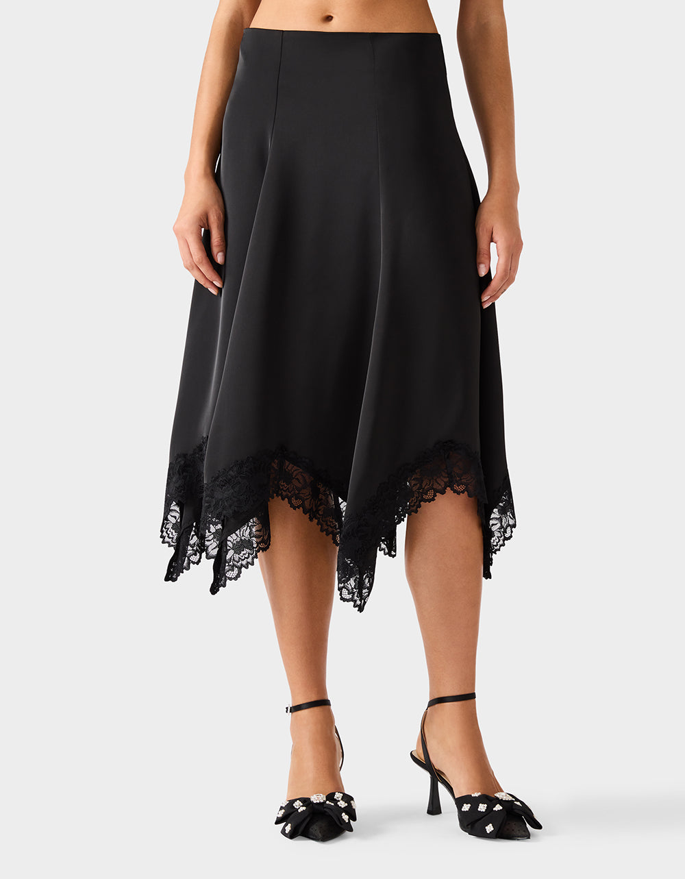 LACE SLIP MIDI SKIRT BLACK Women's Black Lace Midi Skirt