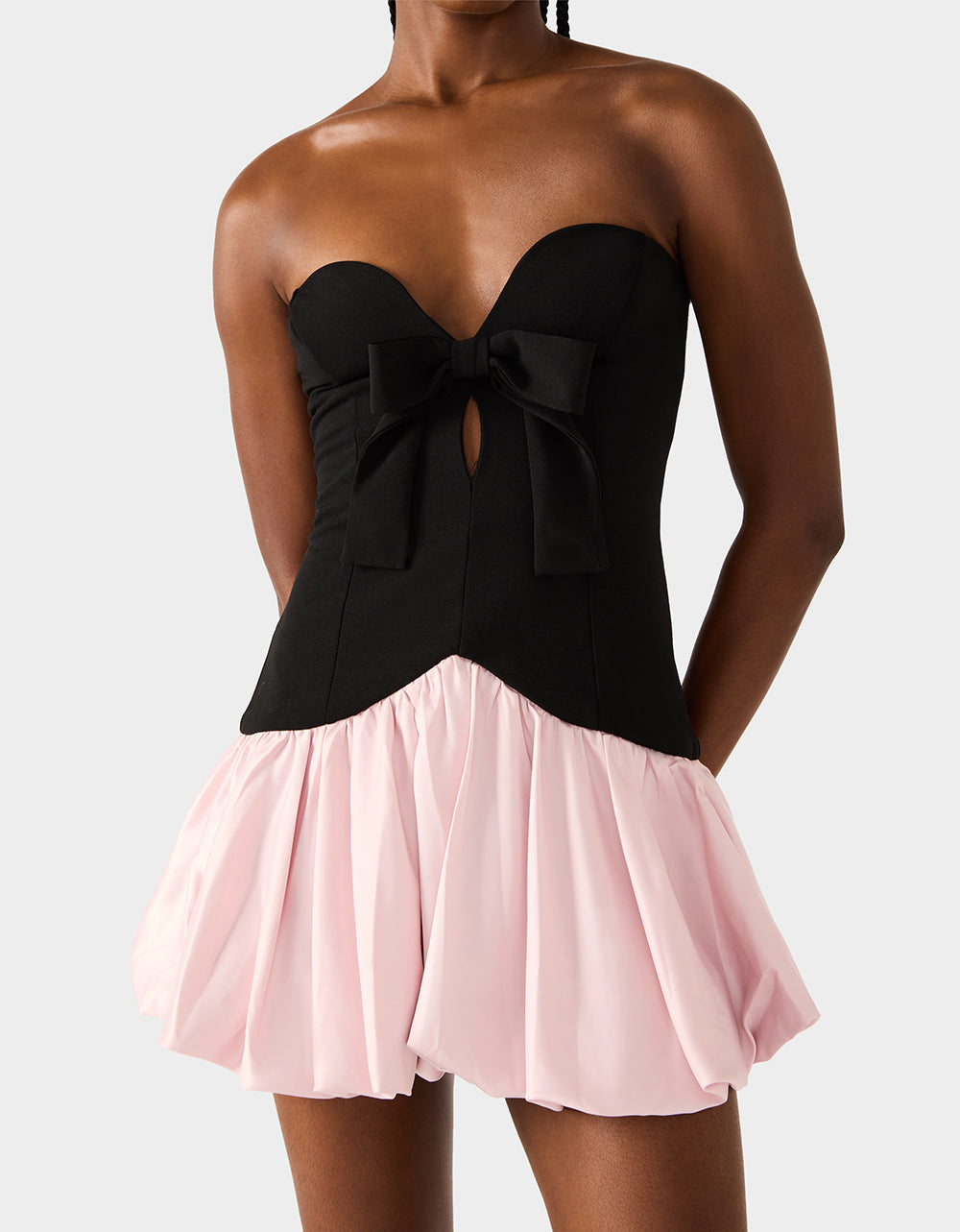 BETSEY'S BOW DRESS BLACK MULTI Women's Strapless Black and Pink Mini Dress