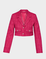 TWEED CROPPED BLAZER HOT PINK Women"s Long-Sleeved Cropped Button-Up Jacket
