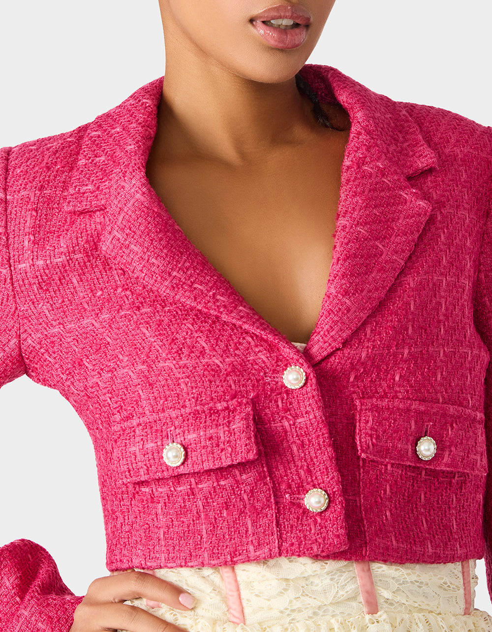 TWEED CROPPED BLAZER HOT PINK Women"s Long-Sleeved Cropped Button-Up Jacket