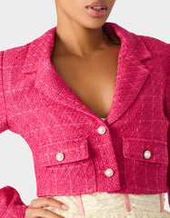 TWEED CROPPED BLAZER HOT PINK Women"s Long-Sleeved Cropped Button-Up Jacket