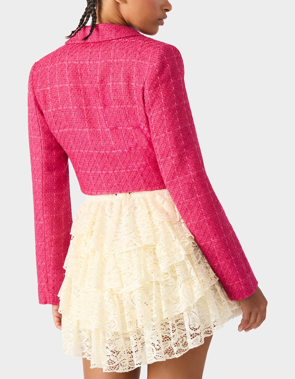 TWEED CROPPED BLAZER HOT PINK Women"s Long-Sleeved Cropped Button-Up Jacket