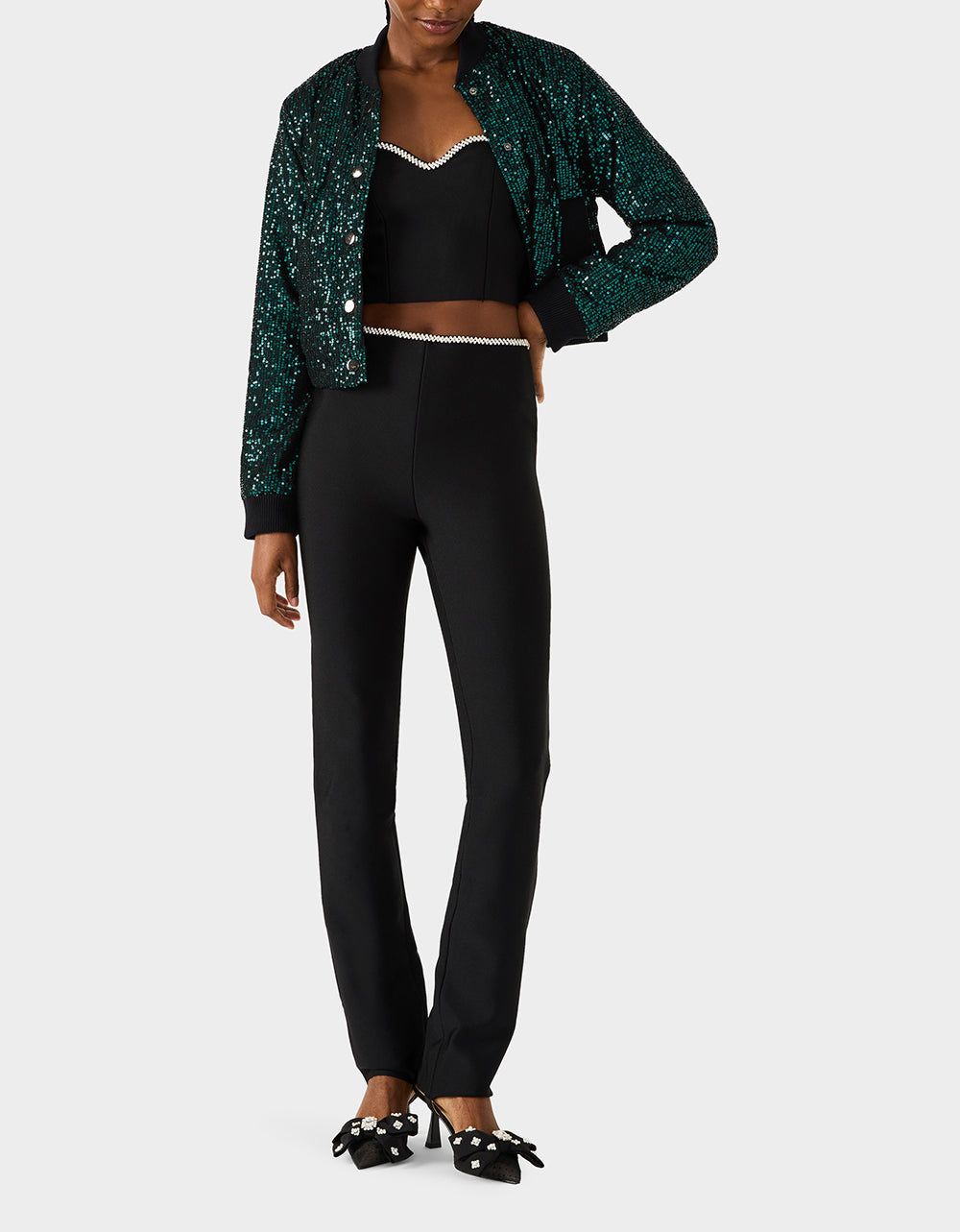 GLITTERATI BOMBER JACKET EMERALD GREEN Women's Green Sequin Bomber Jacket