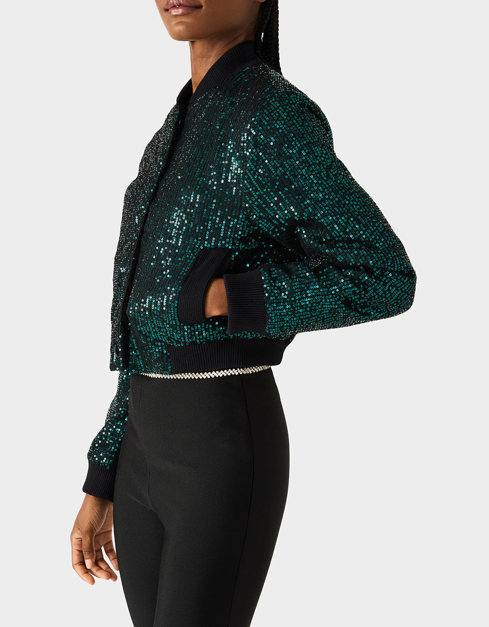 GLITTERATI BOMBER JACKET EMERALD GREEN Women's Green Sequin Bomber Jacket