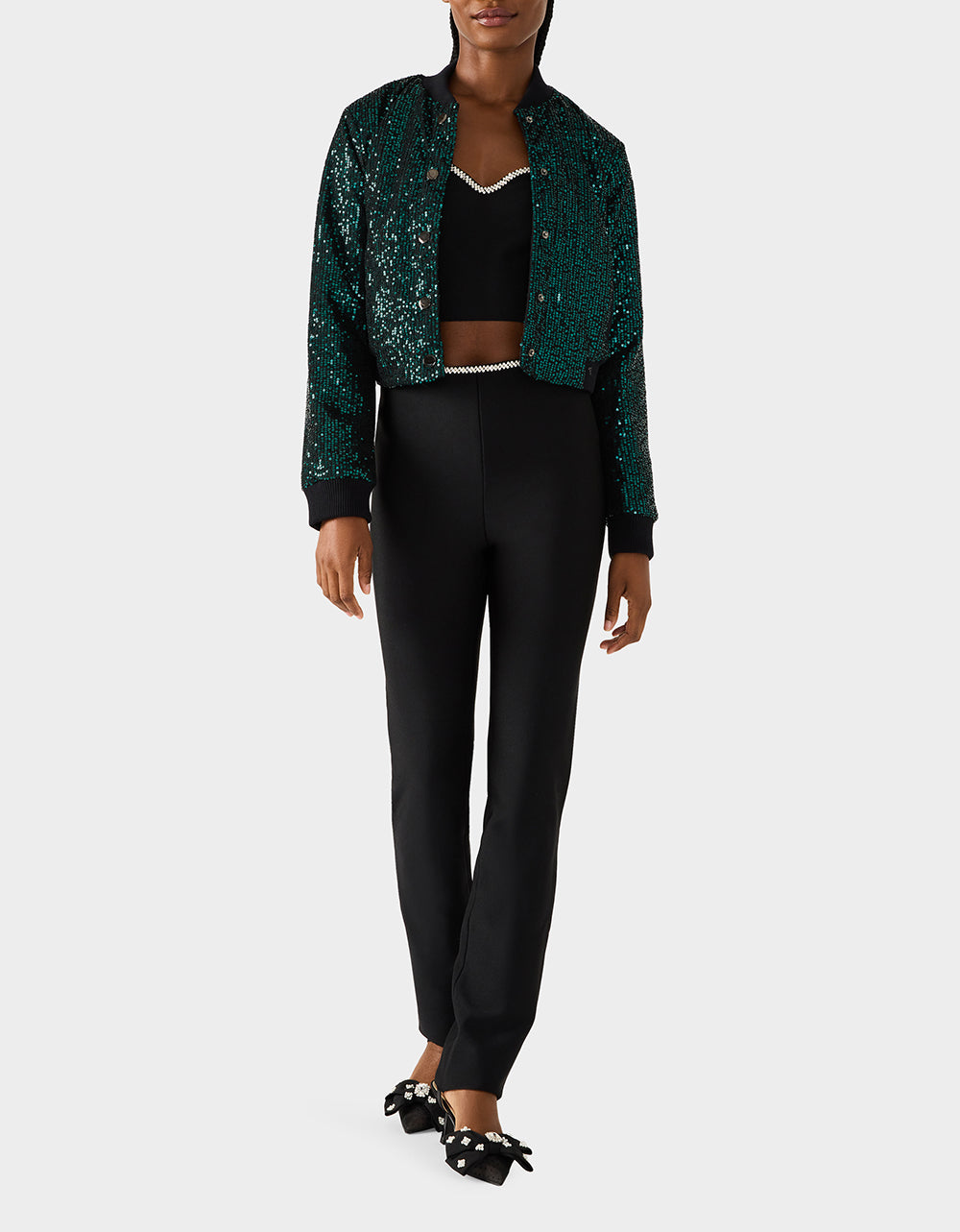 GLITTERATI BOMBER JACKET EMERALD GREEN Women's Green Sequin Bomber Jacket